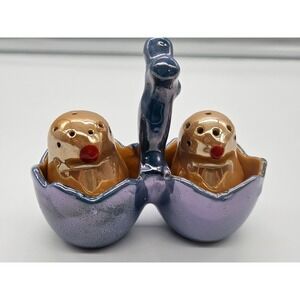 Lusterware Japan Ceramic Chick Salt and Pepper Shakers in Egg Holder with Handle